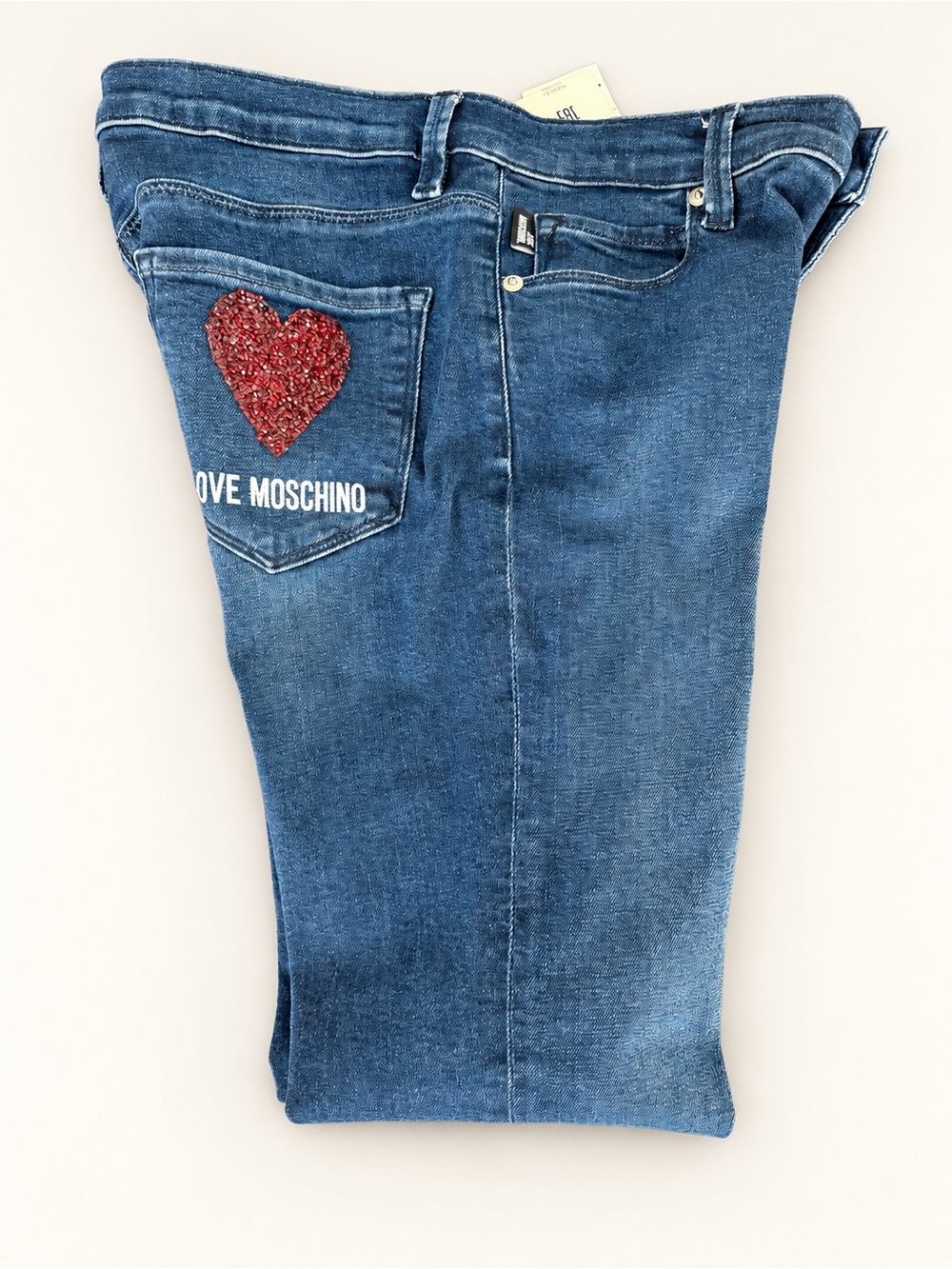 Love Moschino โค๏ธ Rhinestone Heart Cropped Straight Leg Jeans SZ 26 Y2K Style - Picture 3 of 8